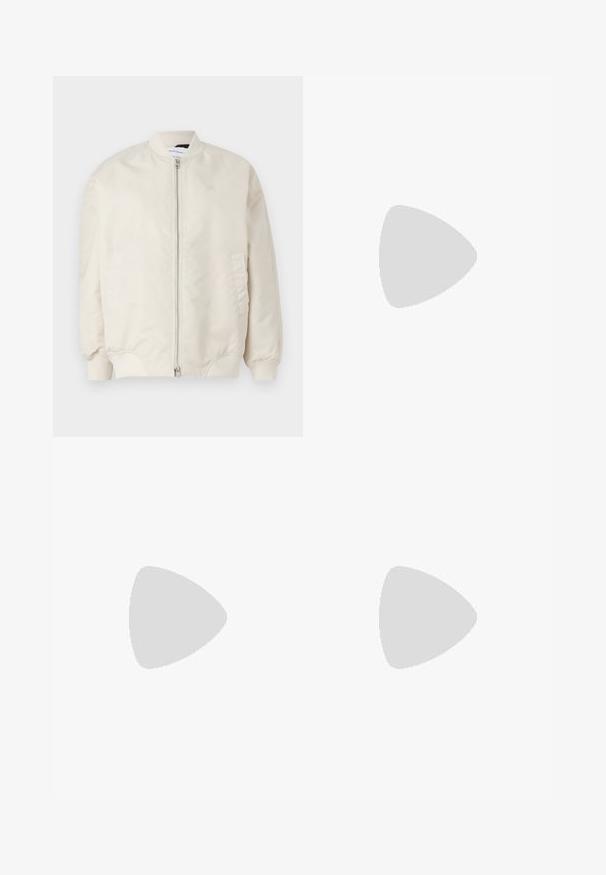Light beige bomber jacket made of smooth, lightweight fabric. Features a front zipper, ribbed cuffs, and side pockets. Simple design.; White cotton t-shirt with short sleeves and a round neckline. Features a small black "ck" logo on the left chest. Smooth texture.; White wide-leg trousers made of lightweight fabric, featuring a smooth texture, clean lines, and a high waist design.; White sneakers with a smooth synthetic upper, elevated platform sole, and a black Calvin Klein Jeans logo on the side.