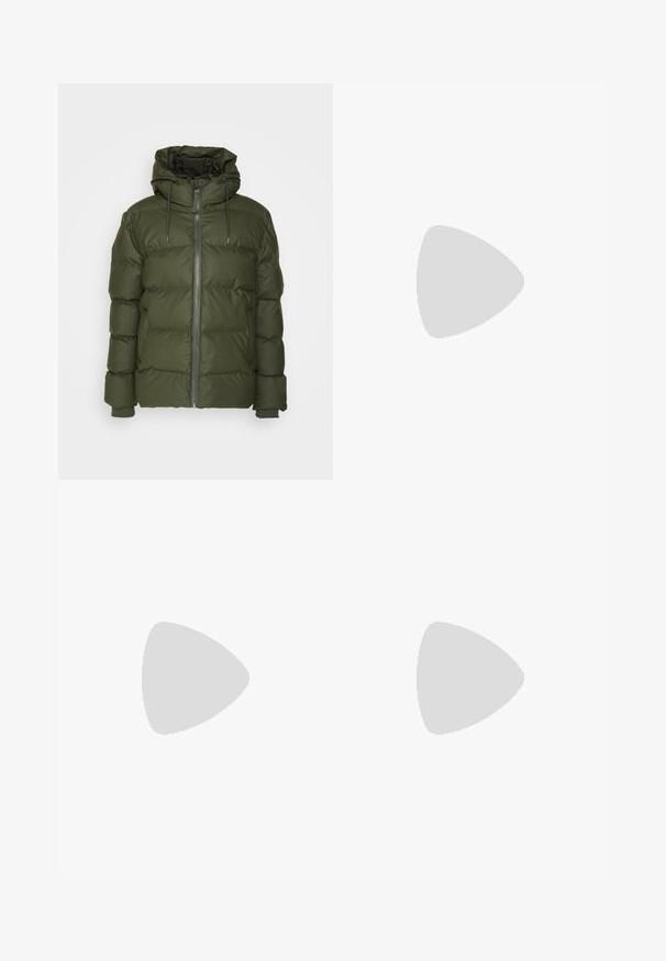 Olive green puffer jacket with a hood, zip closure, and elastic cuffs. Features a quilted design and soft, textured finish.; Black cotton t-shirt with short sleeves, crew neckline, and white "Carhartt" logo on the left chest. Smooth texture, minimal design.; Dark blue straight-leg denim jeans with front pockets and a button closure, displayed on a plain white background.; Brown leather ankle boots with a smooth finish, elastic side panels, and rubber soles, paired with dark green textured pants.