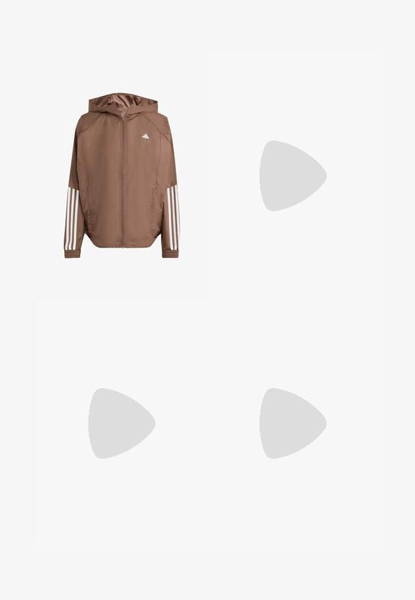 Brown lightweight jacket with a hood, zip front, and elastic cuffs. Features white stripes on sleeves and a small logo on the chest.; Long-sleeve athletic shirt in white fabric, featuring a rounded neckline and black Adidas logo on the left shoulder and side accent.; Purple wide-leg pants made of lightweight fabric, featuring a drawstring waist, side pockets, black accents, and a logo detail.; Trail running shoe in burgundy and pink. Features a mesh upper, lightweight sole, and dynamic traction with visible lugs. Elastic lacing system included.; White plastic sunglasses with large oval lenses, gray tinted. Features black ear grips and a small logo on the frame. Smooth finish.