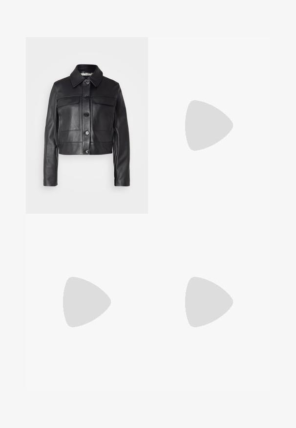 BOSS SADENIA - Nahkatakki - black; DRYKORN LYSILA - Paitapusero - black; Beige housut, jotka on valmistettu rakenteellisesta kankaasta, slim fit -mallilla, etupleiteillä ja sivutaskuilla, litteällä vyötärönauhalla ja lyhyellä pituudella.; Mustat nahkakengät nilkkurit, joissa on terävä kärki ja matala kitten-kanta, sileä pinta, sivuvetoketju, esitetty neutraalilla taustalla.