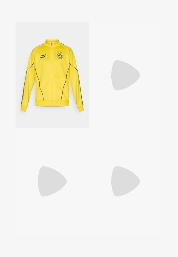 Gul helzip sportjacka med svart Puma-logotyp, texten "KING" och BVB 09 fotbollsklubbens emblem med två stjärnor på bröstet.; Röd idrottströja med rund halsringning, korta ärmar och en kontrasterande mörkröd kant. Har en vit Puma-logotyp på bröstet.; Svarta träningsbyxor med gula Borussia Dortmund BVB 09 och Puma King-logotyper, elastisk midja och mönstrade gula sidosträck.; Puma-sneakers i vit och svart mocka, med en brun gummisula. Kombinerade med vita strumpor som visar upp en svart logotyp, bärs tillsammans med mörka byxor.