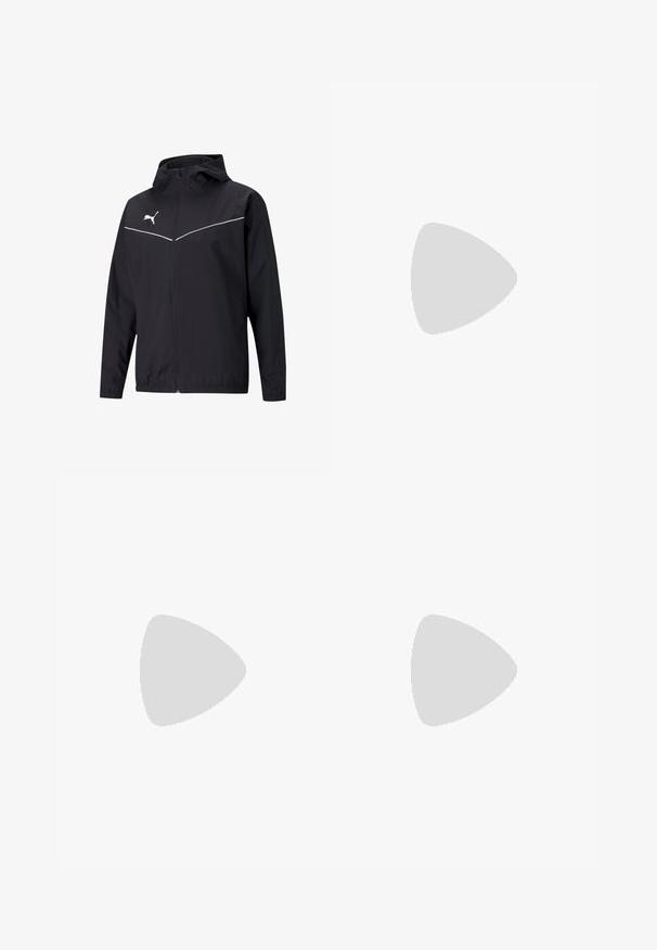 Schwarze leichte Jacke mit Kapuze, Reißverschluss, reflektierenden weißen Akzenten und einem Logo auf der linken Brust; glatte Textur.; Graues T-Shirt mit kurzen Ärmeln, schwarzem Einsatz und rotem Reißverschlussfach. Mit roten Logo-Akzenten, rundem Halsausschnitt und glatter Textur.; Schwarze Sporthose aus leichtem Stoff. Sie verfügt über einen elastischen Bund, Seitentaschen und graue Logos auf beiden Seiten.; Schwarzer Sportschuh mit glattem Synthetik-Obermaterial, strukturierten Akzenten und einer Gummisohle, die für Leistung und Komfort entwickelt wurde.