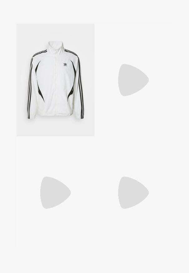 adidas Originals ARCHIVE - Giacca sportiva - white/black; T-shirt bianco a maniche corte con dettagli neri ai lati e tre strisce nere sulle spalle. Include un piccolo logo nero sul petto.; Pantaloni sportivi neri con vita elasticizzata, con tre strisce verticali bianche sui lati e il logo Adidas sulla parte bassa della gamba.; Sneakers bianchi e neri con accenti rossi, caratterizzati da una tomaia in suede e pelle, tre strisce nere, lacci piatti e una suola in gomma testurizzata.