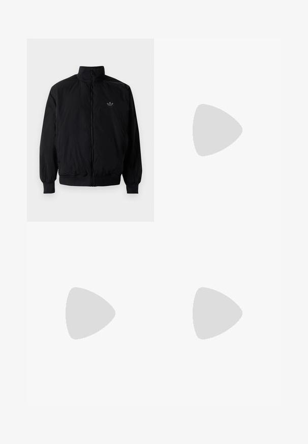 Black zipped jacket with high collar, made of lightweight material. Features elastic cuffs and waistband, with a small logo on the upper left.; White cotton t-shirt with short sleeves, round neck, and a black circular logo on the left chest featuring a stylized design.; Wide-leg beige cotton pants with a high waist, featuring front pockets and a front button closure. Smooth texture with clean seams.; Black suede sneaker with yellow accents, featuring three stripes and a brown rubber sole. Includes a padded tongue for comfort.