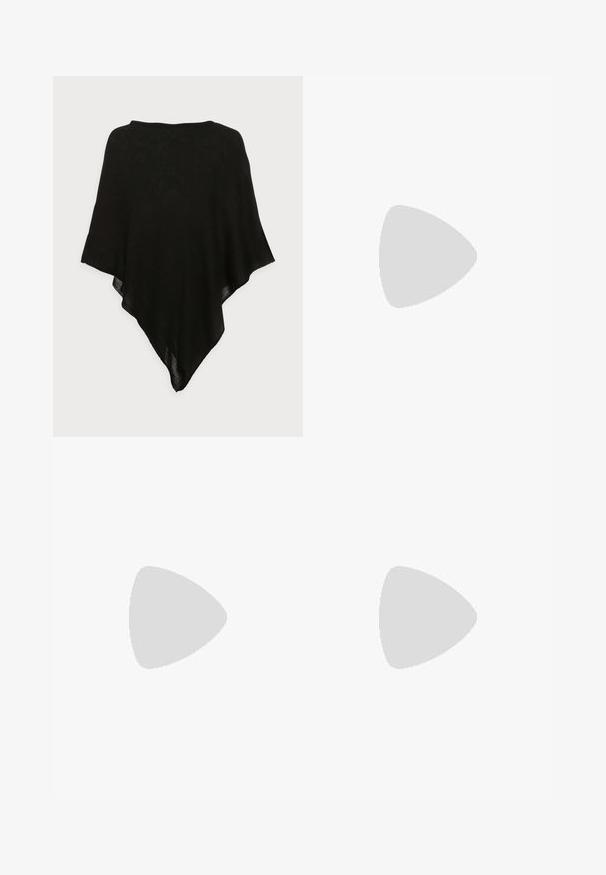 Fekete sál, könnyű, áttetsző anyagból. Háromszög alakú, sima textúrával rendelkezik, egyszerű, minimalista designnal.; Fekete, hosszú ujjú body, magas nyakkal, melynek testrésze sima anyagból készült, míg az ujjai áttetsző hálós anyagból vannak, testhezálló fazonban.; Fekete bordázott, bő szárú nadrág elasztikus derékkal és zsinórral, a elülső részen egy kis logo részlettel. Sima textúra.; Fekete-fehér zebra mintás klumpák, szintetikus felsőrésszel, állítható csatos pánttal és gumitalppal, sárga varrással.