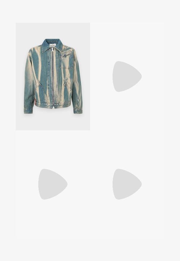 Denim jakk, millel on sinine ja beež triibuline muster, ees lukuga, terava kraega ja rinnaosal lukuga tasku.; Valge puuvillane T-särk lühikeste varrukatega, ümmarguse kaelusega ja väike hall logo vasakul rinnaosal. Sile tekstuur.; Valged puuvillased püksid, mis on sirge lõikega, ees taskud, metallist nupuga kinnitamine ja peened õmblusdetailid õmbluste äärel.; Must musta kootud slip-on king, millel on pehme nahast accent ülaserval, ümmargune varvas ja madal profiiliga kummitald.