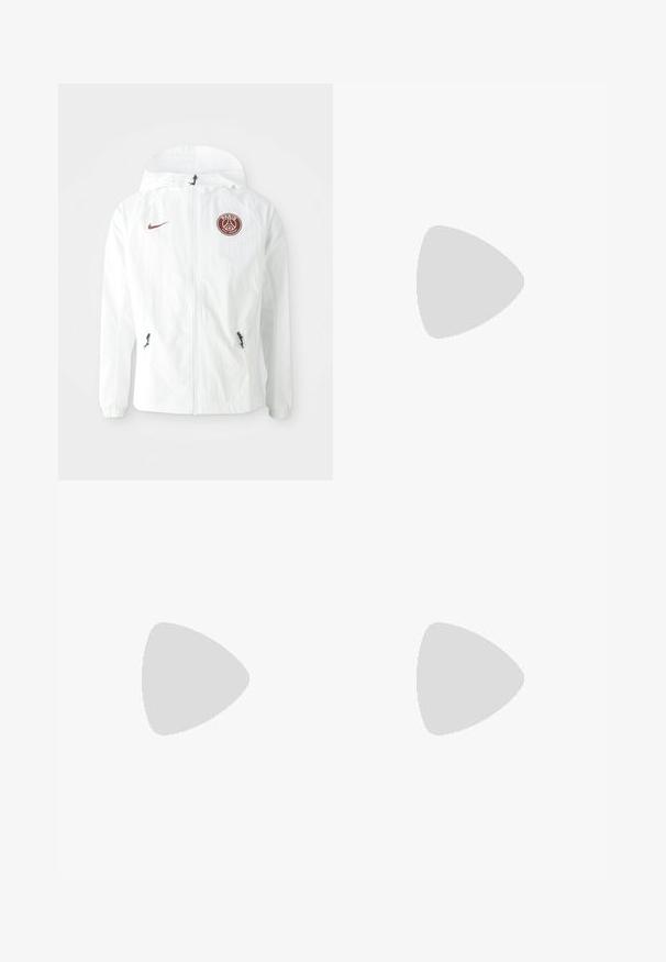 Hvid vindjakke med hætte, som har et maroon PSG-logo på venstre bryst, lynlåslommer på siden og elastiske manchetter.; Lysegrøn bomulds-T-shirt med korte ærmer, rund hals og lille flerfarvet logo-patch på venstre brystområde.; Hvide atletiske shorts lavet af letvægtsstof med elastisk talje, der har to sidelommer og et lille sort logo på kanten.; Hvid atletisk sko med tekstureret mesh-overdel, sort Nike swoosh, polstret krave og gummisål med mønster.