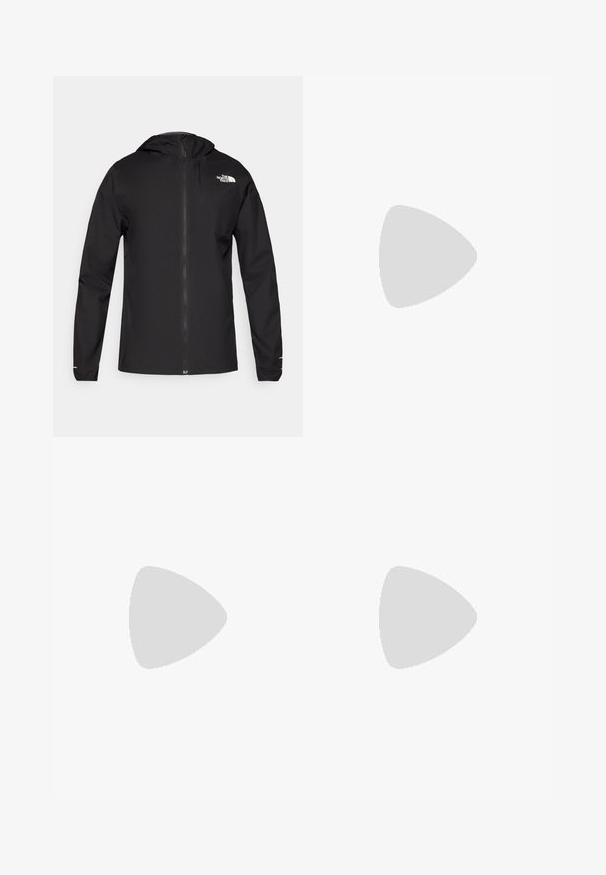The North Face FONTANALES JACKET - Regenjacke / wasserabweisende Jacke - black; Schwarzes langärmliges Oberteil mit Viertelreißverschluss aus strukturiertem Stoff, mit hohem Kragen und kleinem Logo auf der Brust.; Schwarze Outdoor-Hosen mit einem Reißverschlusstaschen an den Oberschenkeln, elastischem Bund und glattem, wasserabweisendem Stoff. Sauberes Design ohne sichtbare Logos.; Schwarzer Trailrunning-Schuh mit einem robusten Mesh-Obermaterial, verstärkter Zehenkappe, strukturierten Gummisohle und elastischem Schnürsystem für einen sicheren Sitz.
