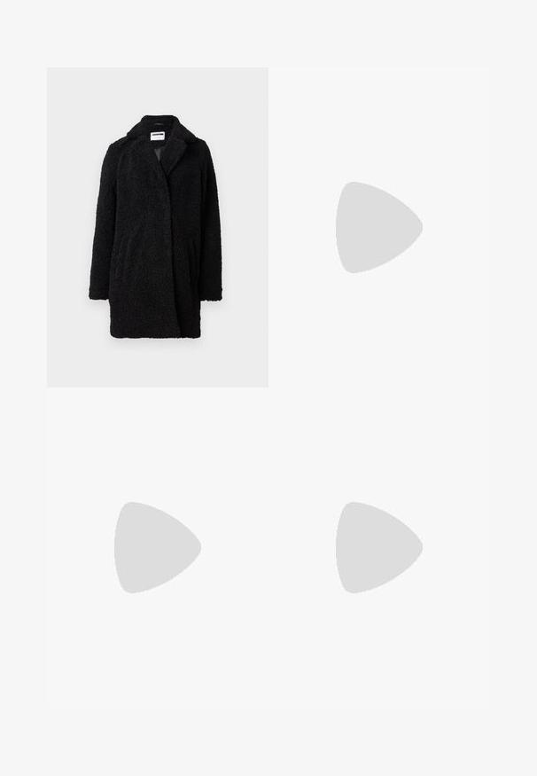 Black, plush, textured coat with a notched collar, open front, and two side pockets. Mid-length and straight fit design.; Black long-sleeve turtleneck top made of a smooth, stretchy fabric. Features a fitted design with seamless shoulders and a high neck.; Black crinkled fabric top with an elasticated waistband, featuring a textured surface and gathered design for a voluminous shape.; Black suede ankle boots with a chunky heel, round toe, and silver eyelets, featuring a matte black leather collar and textured sole.