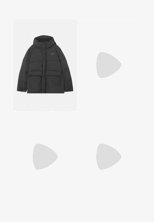 Black puffer jacket with a hood, featuring a boxy shape, quilted texture, two front pockets, and a logo on the upper left side.; Helmut Lang POSTCARD SKYLINE - Print T-shirt - white; Black jeans made of denim with elastic waistband, straight cut, distressed detailing, and frayed hem. Features pockets and button closure.; Black leather loafer with textured upper, braided accent, and smooth finish. Low profile heel and minimalistic design.