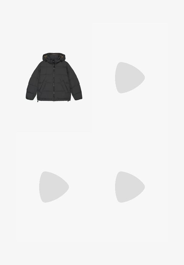 Black puffer jacket with a hood, zipper front, elastic cuffs, and side pockets. Features quilted sections and a smooth inner lining.; Navy blue crewneck sweater made of soft knit fabric, featuring long sleeves and a subtle logo on the chest, with ribbed cuffs and hem.; Black tailored trousers with a smooth texture, featuring two side pockets, a flat front, and a classic waistband.; Black leather slip-on shoe with a smooth upper, stitched accents, rounded toe, and a low rubber heel. Sole features minimal tread.