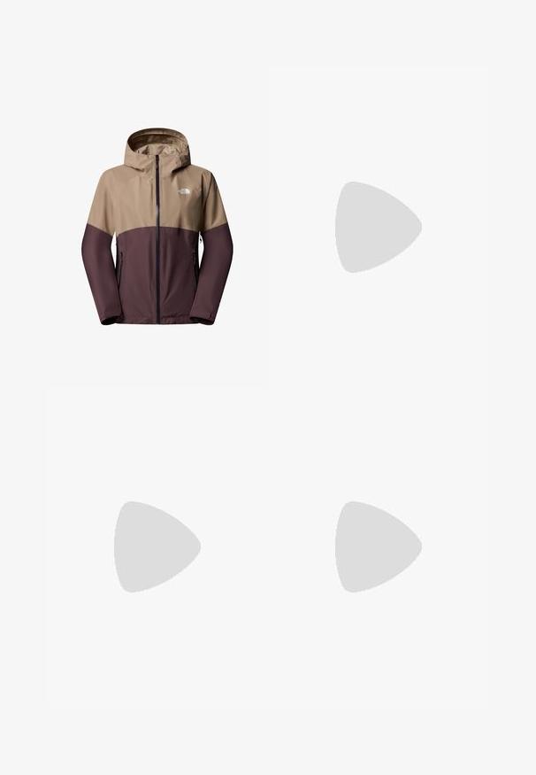 The North Face W DIABLO DYNAMIC ZIP-IN JACKET - Outdoorjas - mushroom grey tawny qua; Zwarte lange mouwen sportshirt van stof met het label "DRYTEC™." Het heeft een ronde hals, een zachte textuur en een logo op de linkerkant van de borst en de mouw.; Hogstwaist zwarte leggings gemaakt van rekbaar materiaal, met een gladde textuur en een nauwsluitend ontwerp, met minimale stikdetails.; Witte sportschoenen met een bovenwerk van mesh, voorzien van een gevoerde kraag, een gestructureerde zool en de merknaam "Fresh Foam" op de tussenzool.