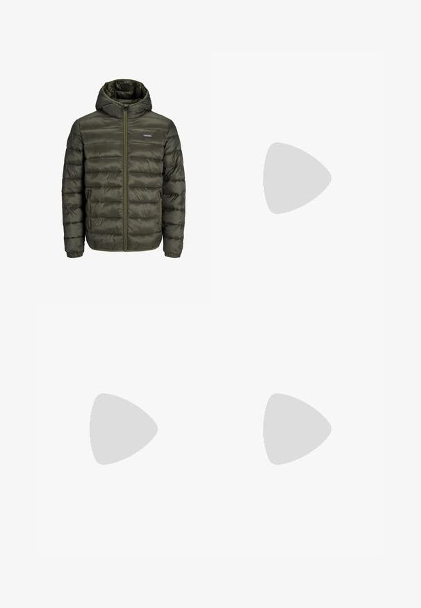 Jack & Jones JJVINCENT PUFFER HOOD - Übergangsjacke - rosin; Graues Baumwoll-T-Shirt mit Rundhalsausschnitt, kurzen Ärmeln und lockerer Passform. Glatte Textur ohne sichtbare Muster oder Akzente.; Marineblaue, tapered Jogginghosen mit elastischem Bund, Kordelzug und elastischen Bündchen, aus einem glatten, leichten Stoff.; Weiße Ledersneaker mit navyfarbenem Fersenbereich, runder Zehenpartie und kontrastierenden braunen Akzenten. Verfügt über flache Schnürsenkel und eine strukturierte Gummisohle.