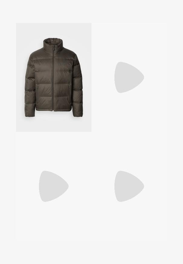 Dark olive green puffer jacket with a high collar, zip front, and stitched sections. Features side pockets and a branded tag on the chest.; Beige pullover sweater made of cotton blend, featuring a crew neck and ribbed cuffs. Subtle 'CK' logo embroidered on the chest.; Black denim jeans with a straight-leg design, featuring a button closure, five pockets, and minimal stitching for a clean look.; White leather sneaker with beige suede accents, featuring a round toe, lace-up front, and tan rubber sole, displaying the brand name "BOSS."