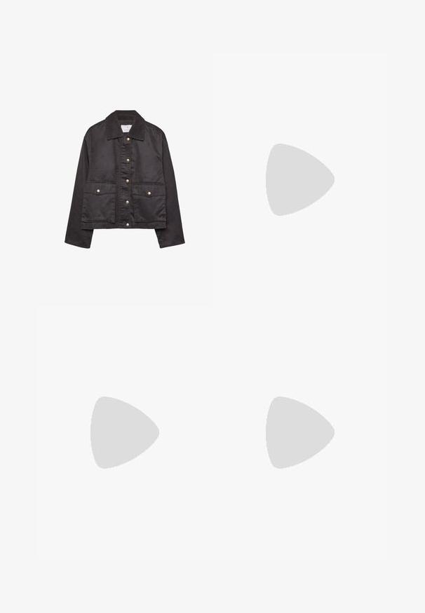 Schwarze Knopfjacke mit Cordkragen, zwei vordere Klappentaschen mit Knöpfen und langen Ärmeln.; Braunes ärmelloses Oberteil mit quadratischem Ausschnitt, aus weichem, dehnbarem Stoff gefertigt. Verfügt über ein figurbetontes Design und flache Nähte.; Braune Weite-Leg-Hosen mit einer glatten Textur, hoher Taille und Vorderfalten. Der Stoff ist leicht und fällt locker.; Braune Leder-Knöchelstiefel mit einer runden, metallischen Akzent und Schnalle. Leicht strukturierte Oberschicht, gestapelter Absatz und runde Zehenform.; Schwarze Cat-Eye-Sonnenbrille mit braunen Gläsern. Strukturiertes goldfarbenes Zubehör an den Bügeln. Glatter Kunststoffrahmen mit glänzender Oberfläche.