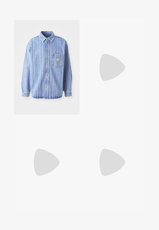 Light blue denim shirt with vertical white stripes, point collar, button-down front, single chest pocket, and Carhartt logo patch.; Carhartt WIP PRONTO - Print T-shirt - white; Lightweight, linen blend trousers with blue and white vertical stripes, featuring a button closure and wide, relaxed fit.; Dr. Martens 1460 8 EYE  - Lace-up ankle boots - white