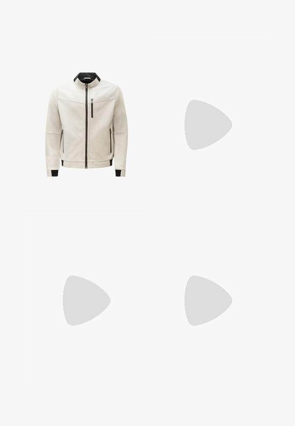 Light gray leather jacket with a high collar, front zip closure, and black accents. Features side and chest zip pockets. Smooth texture.; Navy blue cotton t-shirt with a crew neck, short sleeves, and a small embroidered logo on the chest. Smooth texture, regular fit.; Brown trousers with a belt, featuring a high waist, pleated front, and side pockets; made from smooth, textured fabric.; White athletic shoes with mesh upper, round toe, and rubber sole with a textured pattern. Features flat laces and subtle branding on heel.