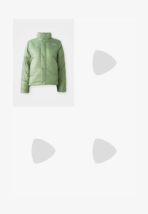 Ljusgrön puffjacka med hög krage, dragkedjestängning och sydda sömmar. Har en logotyp på bröstet och en slät, glänsande tygtextur.; The North Face SHADOW SHORT SLEEVE  - T-shirt till träning - white dune; Teal cargo-byxor med resårmidja, två sidofickor och lös passform. Tillverkade av lätt material och med sömnadsdetaljer.; Columbia REDMOND - Hikingskor - black/citron haze