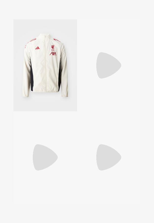 adidas Performance LIVERPOOL FC 25/26 COMPETITION PRESENTATION JACKET - Vereinsmannschaften - white; Hellgrünes Kurzarmtrikot mit grauen Akzenten, schwarzem Logo und Streifen. Hergestellt aus atmungsaktivem Material, entworfen für Sportbekleidung.; adidas Performance BASE - Jogginghose - silver pebble/black; Schwarze Sportschuhe mit einem strukturierten Mesh-Obermaterial, weißen Akzentstreifen, einer gepolsterten Sohle und einer verstärkten Ferse für Unterstützung.