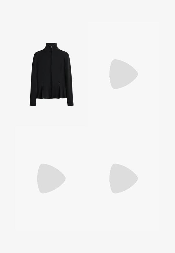 Svart zip-up jacka med hög krage, tillverkad av ett slätt, elastiskt tyg. Har sidfickor och en utsvängd fålldesign.; Svart ärmlös cropped topp med en knuten detalj vid axeln, tillverkad av ett slätt, stretchy tyg med en figurnära design.; New Balance HARMONY HIGH RISE  - Tights - earth shadow; Lättviktsatletisk sko i beige mesh-material med texturerad yta, med en vit sula och tonala sidodetaljer. Enkelt snörningsdesign.