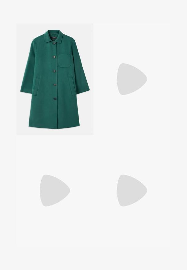 Green wool coat with a collared neckline, button closure, and long sleeves. Features a chest pocket and two side pockets, smooth texture.; White cropped long-sleeve shirt made of cotton. Features a button-up front, a chest pocket, and a small black logo on the bottom left.; Knee-length white skirt with a textured floral pattern, featuring raised rose designs and subtle shimmer. Simple, straight silhouette.; Black leather slingback shoe with a pointed toe, featuring a woven accent and pleated upper design. Flat sole with minimal hardware.