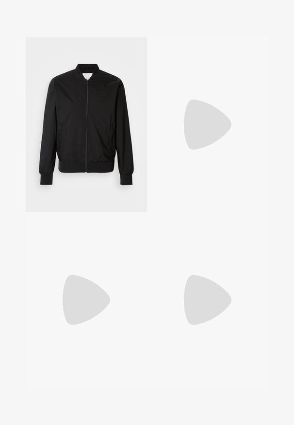 Black bomber jacket made of smooth fabric, featuring a front zipper, two side pockets, ribbed cuffs, and a round neckline. No patterns.; Light blue polo shirt made of cotton, featuring a three-button placket, a folded collar, short sleeves, and a small logo on the chest.; Beige, cotton blend shorts with a drawstring waistband, side pockets, and embroidered "Calvin Klein" logo on the left leg.; Black leather sneakers with perforated texture, round toe, and flat white rubber sole. Features black laces and a subtle logo on the side.