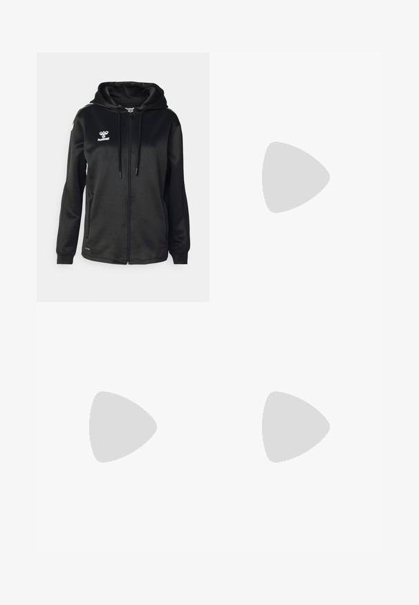 Černá mikina na zip vyrobená z hladkého materiálu s kapucí na šňůrku. Má bílé logo na hrudi a kontrastní akcenty na ramenou.; Černá dlouhá tričko s dlouhým rukávem vyrobené z hladké tkaniny, s kulatým výstřihem a bílým logem "HUMMEL" na přední straně s diagonální akcentní linkou.; Černý sportovní crop top s nastavitelnými ramínky a logem na pásu. Kombinován s odpovídajícími šortkami s vysokým pasem, které mají malý akcent s logem.; Stříbrná sportovní bota z materiálu se síťovinou, černé akcenty, perforovaný design a polstrovaná bílá podrážka. Má výrazné logo 'N'.