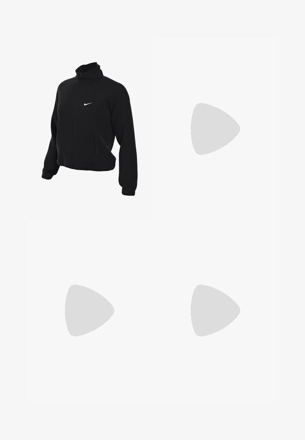 Black Nike zip-up jacket with high collar, featuring a smooth texture, two side pockets, and a small white logo on the chest.; Navy blue cropped jersey with short sleeves, featuring a V-neck, mesh fabric, and contrasting white and dark blue stripes on sleeves.; Black and gray striped wide-leg pants with an elastic waistband and a Nike logo tag at the back. Lightweight fabric, loose fit design.; Black Nike sneakers with white accents, featuring a smooth leather texture, lace-up design, and rounded toe, positioned on a glass chair.
