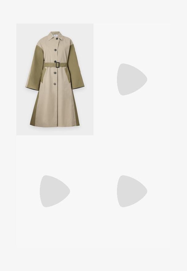 Beige and olive green trench coat with a belt, large buttons, and a flared design. Features wide sleeves and side pockets.; White knitted top featuring a geometric openwork pattern, round neckline, and short sleeves. Lightweight and textured fabric.; Wide-leg denim jeans in dark blue, made from textured cotton fabric. Features front pockets and a zipper fly with a button closure.; White high-top canvas sneaker with black rubber sole, front rubber toe cap, and six eyelets for laces, featuring a clean, minimalist design.