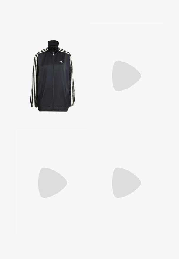 Black zip-up track jacket with high collar, white three-stripe accents on sleeves, and small logo on the left chest. Smooth texture.; Beige button-up shirt with a collar, made from smooth fabric. Features a tailored fit, side pockets, and ribbed accents on the sleeves.; Black wide-leg sweatpants made from soft fabric, featuring an elastic waistband and a small logo on the left side.; Black leather sneaker with white stripes, rubber toe cap, black laces, and a cream-colored outsole. Smooth texture with shiny finish.