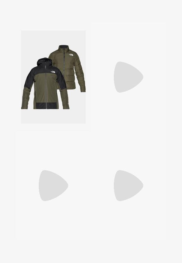 Dva bundy: vodoodolná, s kapucňou, zelená s čiernymi akcentmi a ľahká zelená puffer bunda. Obe majú logá na hrudi.; Béžové bavlnené tričko s krátkymi rukávmi, okrúhlym výstrihom a malým čiernym logom na ľavej strane hrudníka. Hladká textura, vhodný na bežné nosenie.; Zelenohnedé vonkajšie nohavice vyrobené z ľahkej tkaniny, s cargo vreckami, zipsovými akcentmi a logom na hornej strane stehna.; Hnedá turistická obuv so syntetickým vrchom, svetlo modrým golierom, kovovými očkami a textúrovanou gumovou podrážkou. Navrhnutá na vonkajšie aktivity.