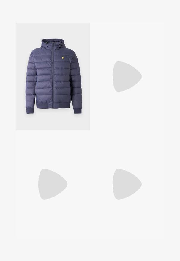 Navy puffer jacket with a zip closure, ribbed cuffs, and a hood. Features quilted design and a small yellow logo on the chest.; White cotton t-shirt with short sleeves, round crew neckline, and a relaxed fit. Features minimalistic design, no patterns or accents.; Beige cotton trousers with a straight-leg design, front button closure, and belt loops. Smooth texture, no visible patterns or accents.; White sneaker with a smooth leather upper and a low profile. Features a rounded toe, six eyelets, and a textured rubber sole.