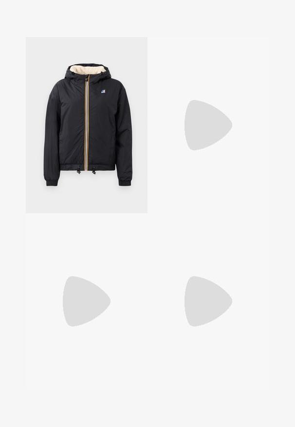 Čierna kapucňová bunda so zipsom vpredu, plyšovým interiérom, elastickými manžetami, sťahovacím lemom a kontrastne farebnými zipsovými detailmi.; Čierne bavlnené tričko s krátkymi rukávmi, s malým zeleným logom na ľavej strane hrude. Klasický okrúhly výstrih, voľný strih.; Navy modré cargo šortky s elastickým pásom, šnúrkou, viacerými bočnými vreckami a oranžovými akcentmi na otvory bočných vreciek.; Čierne nízke tenisky vyrobené z syntetického materiálu, s bielou gumovou podrážkou, čiernymi šnúrovačkami a malým bielym logom na boku.