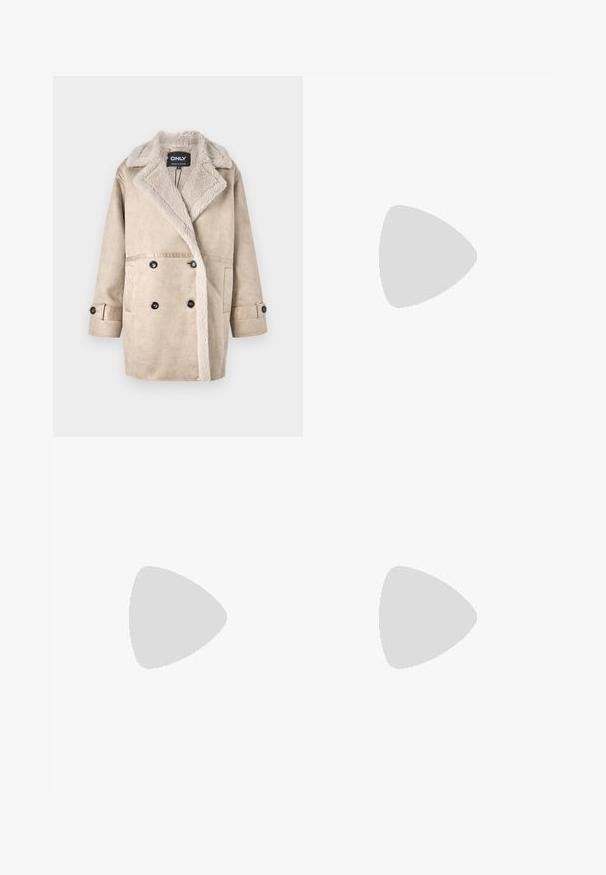 Beige double-breasted coat with a fluffy collar, made of soft material. Features front pockets and black button accents.; White sleeveless tank top made of ribbed fabric, featuring a rounded neckline and a fitted silhouette, with minimal seams and no embellishments.; Beige wide-leg trousers featuring a high waist, pleated front, and smooth fabric texture. No visible fastenings or patterns.; Light grey sneaker made of suede and mesh, featuring three white stripes, round toe, and a gum rubber sole. Gold logo accent near laces.; Silver hoop earrings with a twisted design, featuring a polished finish and post-back closure. Measure approximately 3 cm in diameter.