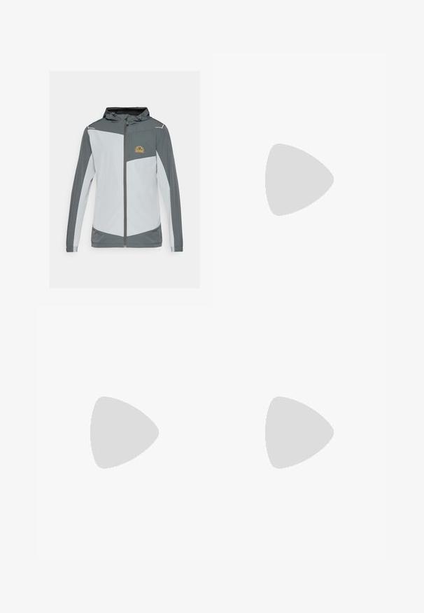 Veste de sport en gris et gris clair avec un zip à l'avant, une capuche et une poche poitrine arborant un logo jaune, fabriquée en tissu léger.; Haut à capuche gris avec une coupe décontractée, fabriqué en tissu doux. Il possède une poche kangourou, des poignets côtelés et un petit logo au-dessus de la poche.; Pantalons tapered navy en tissu doux, dotés d'une taille élastique, de poches latérales et d'une texture lisse avec de subtils détails de couture.; Baskets de sport bleu marine avec une tige en mesh texturé, semelle en caoutchouc blanche et accents blancs contrastants. Design à lacets avec une languette à l'arrière.