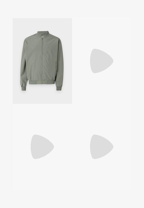 Chaqueta bomber verde claro, hecha de una tela suave y ligera. Presenta un cierre frontal, cuello, puños y dobladillo de canalé, con bolsillos laterales.; Dos camisetas de cuello redondo en negro y verde oliva, hechas de suave tela de algodón. El diseño es simple, con mangas cortas y corte recto.; Pantalones deportivos negros hechos de tejido texturizado, con una cinturilla ajustable, bolsillo lateral con cremallera y puños ajustados.; Zapatillas de cuero blancas con una suela gruesa color crema, acento en el talón azul marino y logo en el lado. Textura suave, diseño minimalista, con cierre de cordones.