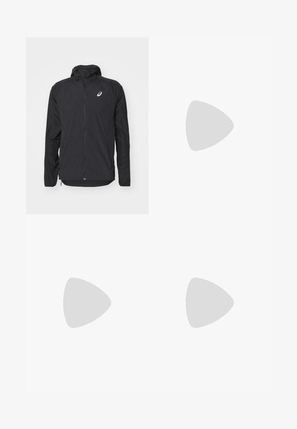 Veste légère noire avec capuche, fermeture éclair à l'avant, manches longues et logo réfléchissant sur le coin supérieur gauche de la poitrine. Texture lisse et design épuré.; Haut de sport à manches longues en gris foncé, avec des accents de design texturé en gris clair. Encolure ronde avec logo sur la poitrine.; Pantalons de sport noirs avec une taille élastique, des poches latérales et des panneaux de texture contrastée sur les jambes. Logo Asics sur la hanche.; Baskets de course noires avec une tige texturée, présentant des accents turquoise et une semelle intermédiaire blanche avec un dessous orange. Design léger.
