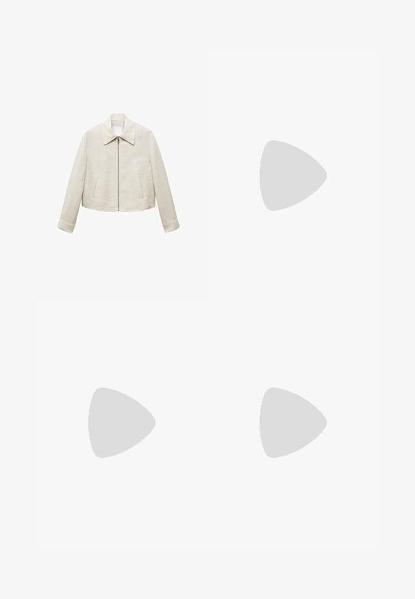 Linnenkortjacka i ljusbeige med spetsig krage, frontdragkedja och två sidofickor. Enkel, slät textur utan mönster.; Beige tyg med mjuka draperingar och en slät yta, med en etikett synlig vid övre kanten som indikerar varumärket eller kollektionen.; Vit, knälång kjol med ett flödande mönster och mjuk textur. Enkel stil utan synliga mönster eller hårdvarudetaljer.; Svart nätballerina med spetsig tå, dekorativ rem och subtil accent. Har en öppen nätdesign och platt sula.; Svart läderhandväska med guldmetallaccent, försedd med en signaturspänne, avtagbar axelrem och texturerad yta.
