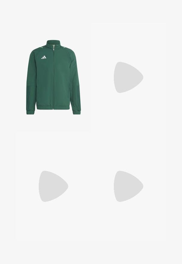Grüne Sportjacke mit durchgehendem Reißverschluss, hohem Kragen und weißem Logo. Sie verfügt über einen strukturierten Stoff und gestreifte Akzente an den Ärmeln.; Hellgrünes Langarm-Trikot mit dunkelgrauen Akzenten, Halb-Reißverschluss-Hals, und Real Madrid-Logo. Hergestellt aus atmungsaktivem Stoff.; Türkise Sportshorts aus leichtem Stoff, mit elastischem Bund, strukturiertem Muster und einem kleinen weißen Logo auf der linken Seite.; adidas Performance Laufschuh Straße - wonalu greone tengrn