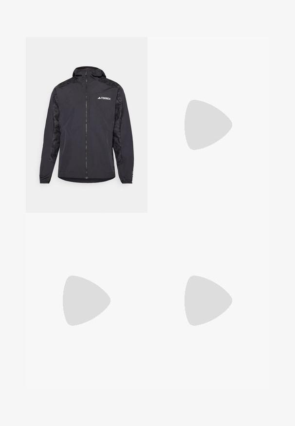 Jacket preta Terrex com capuz, fecho de correr e mangas estampadas. Feita de material leve com punhos elásticos e barra reta.; Camiseta preta de manga curta feita de tecido leve, com o logótipo cinza-claro "TERREX" atravessando o peito e um decote redondo.; Calças de treino pretas feitas de tecido suave; apresenta uma cintura elástica, pernas ajustadas e bolsos laterais com fecho. Logótipo "TERREX" impresso em branco.; Sapatilha de trail running leve com parte superior em malha cinza e preta, detalhes em laranja e uma sola robusta para tração. Forro impermeável em Gore-Tex.