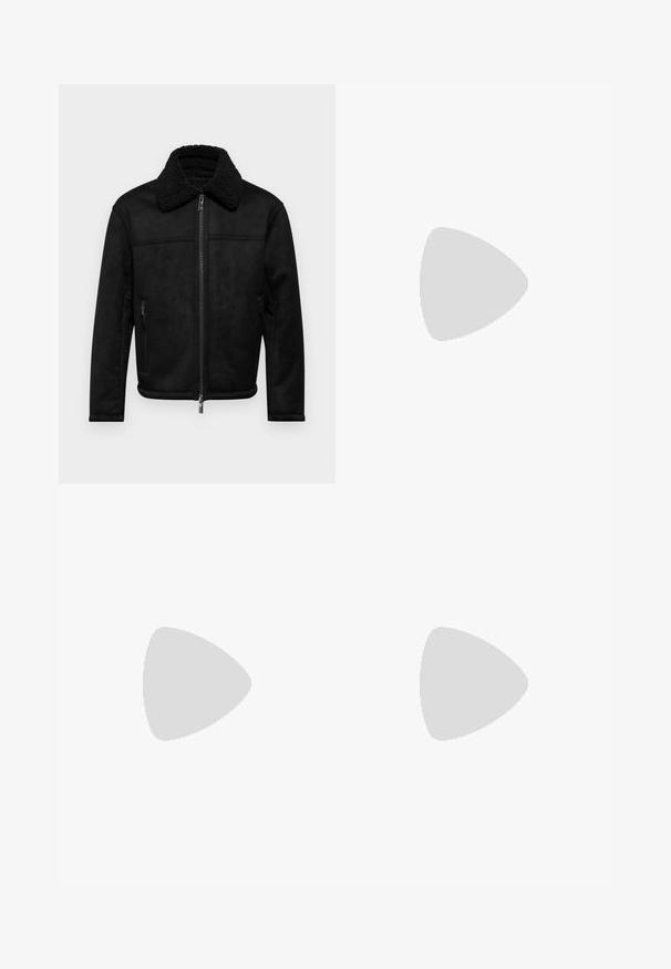 Armani Exchange BLOUSON - Imitatieleren jas - black; Zwarte katoenen T-shirt met een ronde halslijn, korte mouwen en het "EMPORIO ARMANI" logo in het wit boven "Milano" in een gebogen ontwerp.; Donkergrijze recht-toe-rechtdoor broek met elastische tailleband, sluiting met knoop aan de voorkant en subtiele geborduurde details aan de rechterzijde.; Witte leren sneaker met een gladde afwerking, ronde neus, platte veters en een gestructureerde zool. Kenmerkt zich door een subtiel logo op de hiel.; Zwarte ronde zonnebril met donkere lenzen en slanke metalen armen. Inclusief heldere tempelpunten en zilveren accenten bij de scharnier. Minimalistisch ontwerp.