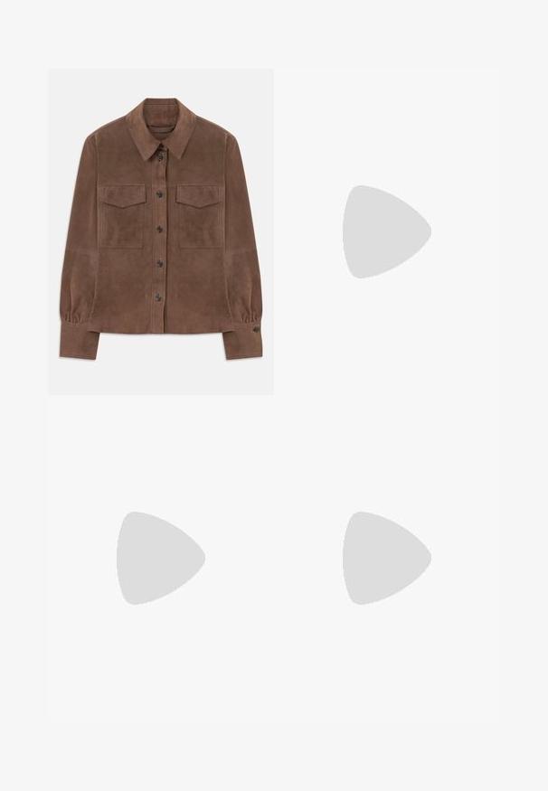Brown suede long-sleeve shirt with button-down front, pointed collar, two chest flap pockets, and buttoned cuffs.; Brown ribbed turtleneck sweater made of textured fabric with metallic accents, featuring long sleeves and a fitted design.; Light brown linen trousers with a straight cut, two front pleats, and a flat waistband. No visible pockets or hardware details.; Brown suede ankle boot with a square toe and a mid block heel. Features stitched accents and a smooth, textured surface.