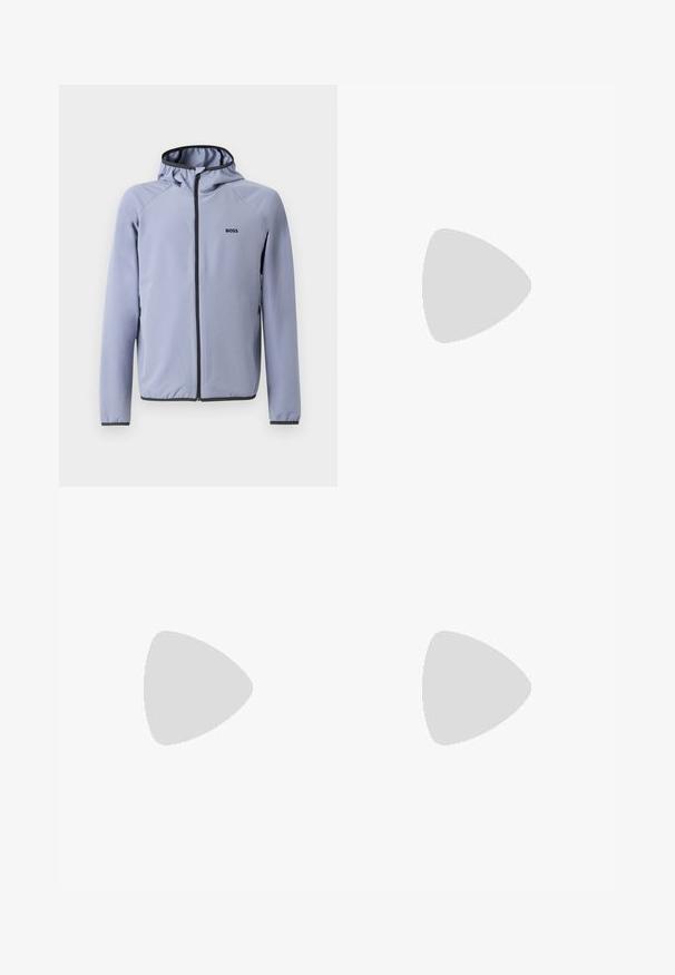 Light blue zip-up jacket with a hood, made of smooth fabric. Features black accents along the zipper and hem, with a logo on the chest.; White cotton T-shirt with short sleeves, featuring a black "BOSS" logo centered on the chest and a round neck design.; Brown trousers with a smooth, matte texture, featuring a pleated front and straight legs. Made from lightweight, breathable fabric.; White leather sneaker with a smooth finish, round toe, flat laces, and a textured sole. Features a subtle logo on the heel.