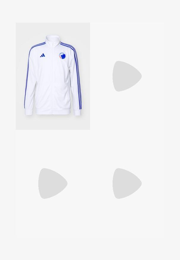 Casaco desportivo branco com riscas azuis, com fecho éclair à frente e logótipo. Feito de tecido suave, apresentando punhos e bainha com nervuras.; T-shirt preto feito de algodão, com mangas curtas, apresentando riscas brancas nos ombros e um logótipo branco no lado esquerdo do peito.; Calções desportivos vermelhos feitos de um tecido suave, com um logótipo bordado e cinco estrelas acima dele, com riscas brancas da Adidas de cada lado.; Chuteira de futebol branca e preta com detalhes em verde néon. Parte superior texturizada, riscas pretas e cravos moldados numa sola vibrante contrastante.