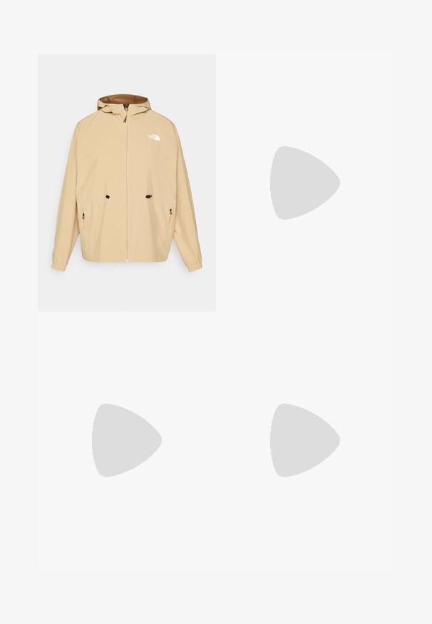 Beige kevyt takki, vetoketjukiinnitys edessä, huppu, säädettävät nyörit, joustavat hihansuut, kaksi etutaskua oransseilla vetoketjuilla, logo rinnassa.; The North Face SHADOW LONG SLEEVE - Pitkähihainen paita - white dune; Mustat urheilushortsit, joissa on sileä pinta, kahdella etupainikkeella, vetoketjulla varustetuilla sivutaskuilla ja painatettu logo yhdellä sivulla.; Kevyt Columbia urheilukenkä valkoisesta verkkokudoksesta, jossa on teksturoitu harmaa pohja ja kuminen pito. Varustettu pehmustetulla nilkkaremmillä ja nauhakiinnityksellä.