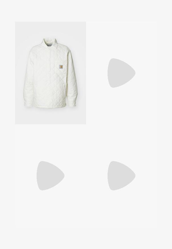 Quilted white jacket with a collar, button front, and a chest pocket featuring a contrasting logo patch. Smooth texture and relaxed fit.; White cotton t-shirt featuring a colorful graphic of two figures, one with a sun design and the other in a spotted pattern, with "VOLCOM" text.; White cotton cargo pants with a relaxed fit. Features include front pockets, gold hardware accents, and reinforced knee sections.; White sneakers with blue accents, made of leather and suede, featuring perforated details and a textured rubber sole.