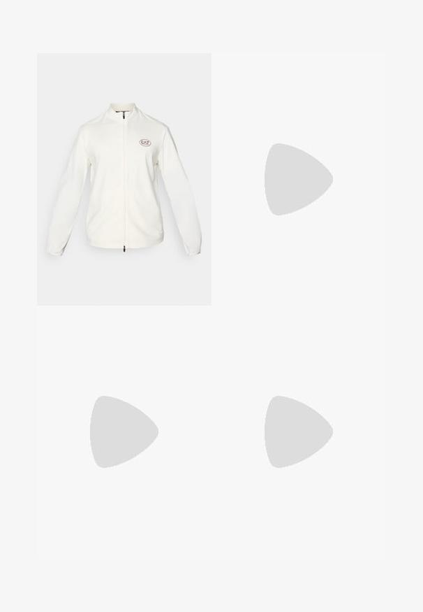 Vit zip-up jacka med hög krage, långa ärmar och ett broderat EA7-logga på vänster bröst. Slät tygstruktur.; Kortärmad t-skjorta med en tvåtonig design i svart och vitt, med en slät textur och en EA7-logotyp på framsidan.; Beige bomullsshorts med elastiskt midjeband, dragband och sidofickor. Har tryckt text längs vänster ben.; Vit sportssko med ett grått mesh-övre, en blå ZoomX-skum mellansula och en böjd sula för ökad drivkraft och komfort.