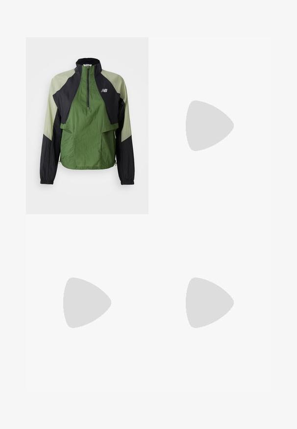 Groene en zwarte lichtgewicht jas met een kwart rits, elastische manchetten, twee voorkruizen en contrasterende panelen in een gestructureerde stof.; Lichtgrijze lange mouwen kwart-rits pullover met subtiele strepen, zachte textuur en een klein logo op de borst. Heeft aangesloten mouwen.; Zwarte sportshorts met een elastische tailleband en reflecterend logo. De stof lijkt lichtgewicht en glad, met een relaxte pasvorm.; Hardloopschoenen met een witte en roze bovenkant, voorzien van een mesh-textuur, reflecterende accenten en een gewatteerde zool. Lichtgewicht ontwerp voor optimale prestaties.