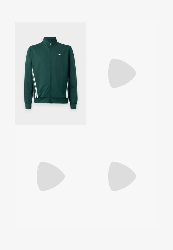 Zelena zip-up trenirka z visokim ovratnikom, belimi stranskimi črtami in logotipom na prsih. Gladek material z lahkotnim, športnim dizajnom.; Svijetloplava pamučna majica s okruglim izrezom, kratkim rukavima i malim logotipom otisnutim u tamnijoj nijansi na prsima.; Pantalone s vzorjem v temno teal barvi z okrasnim zlatim in rjavim dizajnom. Ima elastičen pas in ravno krojenje. Iz lahkotnega blaga.; Bela športna čevlja z mrežastim zgornjim delom, teksturiranimi prekrivnimi plastmi in prozornim podplatom. Imajo vezalni dizajn in hrbtno zanko za enostavno obuvanje.