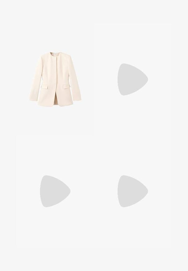 Chaqueta ajustada de un beige claro, con un diseño entallado, escote redondo y bolsillos frontales. Tejido suave con una estética minimalista.; Vestido amarillo sin tirantes con un corsé fruncido y una falda fluida en A, hecho de una tela ligera, con un color sólido y sin estampados.; Sandalias de tacón en gris claro con tres correas entrelazadas, un perfil esbelto y un tacón afilado. Textura suave con un acabado ligeramente brillante.; Gafas de sol con estampado de leopardo y montura gris, con lentes redondeados y patillas texturizadas. Presenta detalles del fabricante en el interior de la patilla.; Bolso de mano de cuero azul claro con una correa de cadena dorada, forma rectangular y un cierre frontal con un logo. Textura suave y diseño minimalista.